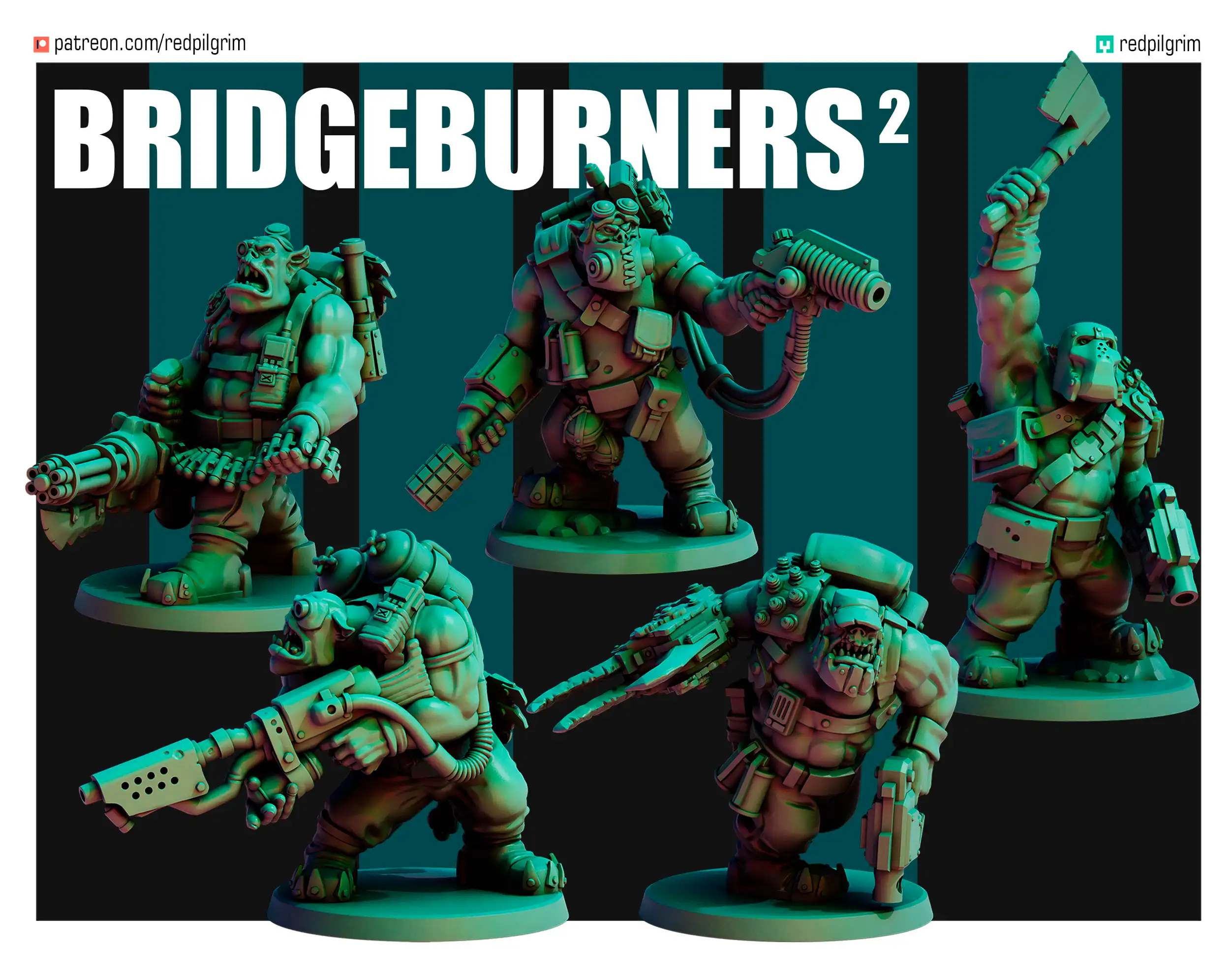 "Front view of a Bridgeburners 2 team, a 32mm sci-fi miniature designed by Red Pilgrim