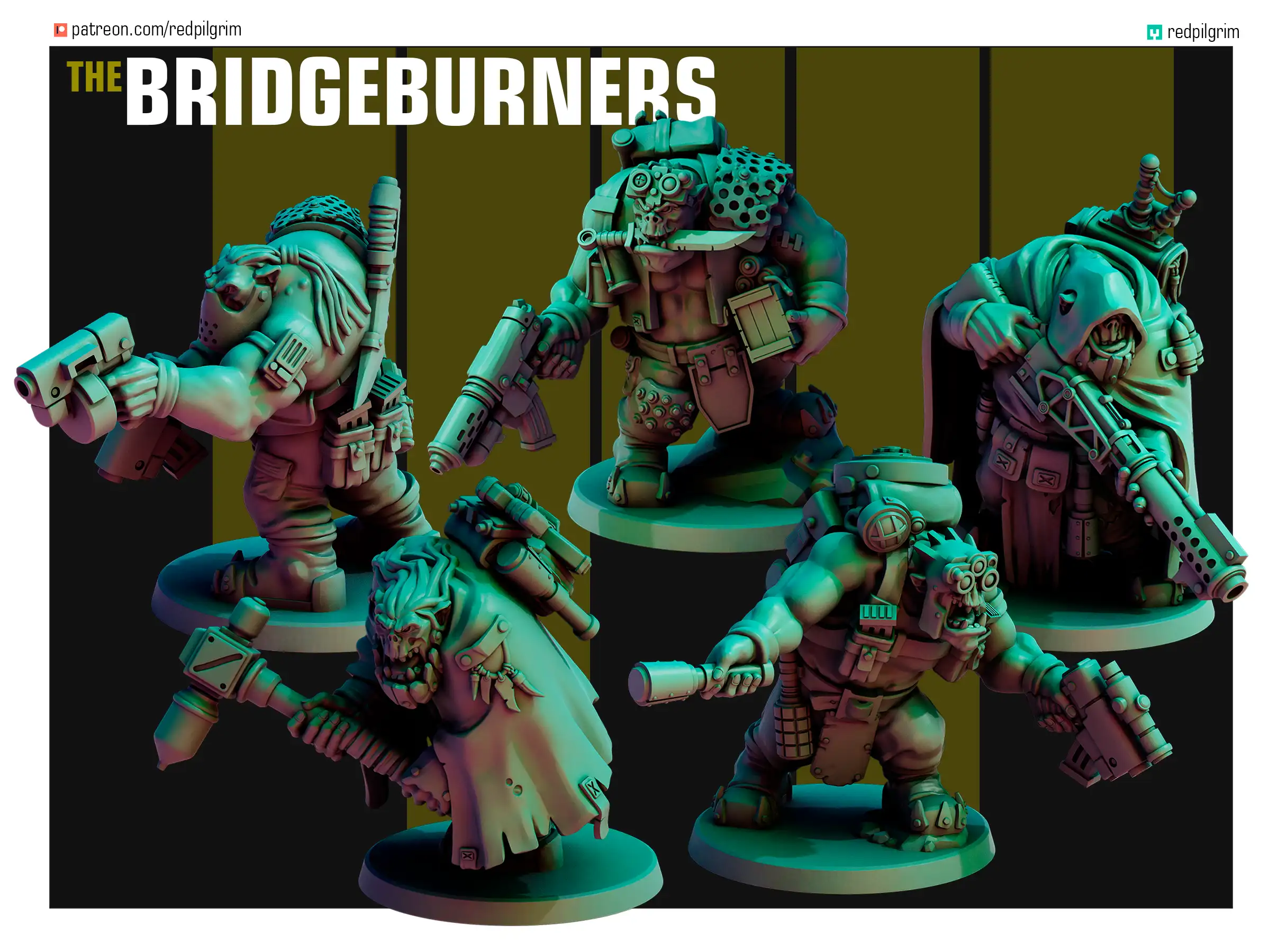 "Front view of a Bridgeburners team, a 32mm sci-fi miniature designed by Red Pilgrim