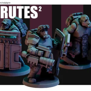 Front view of 3D printed Brutes 2 team, a 32mm proxy miniature designed by Red Pilgrim