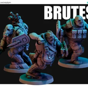 Front view of 3D printed Brutes 2 team, a 32mm proxy miniature designed by Red Pilgrim