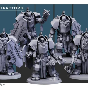 Front view of 3D printed Cataphractors team, a 32mm proxy miniature designed by Red Pilgrim