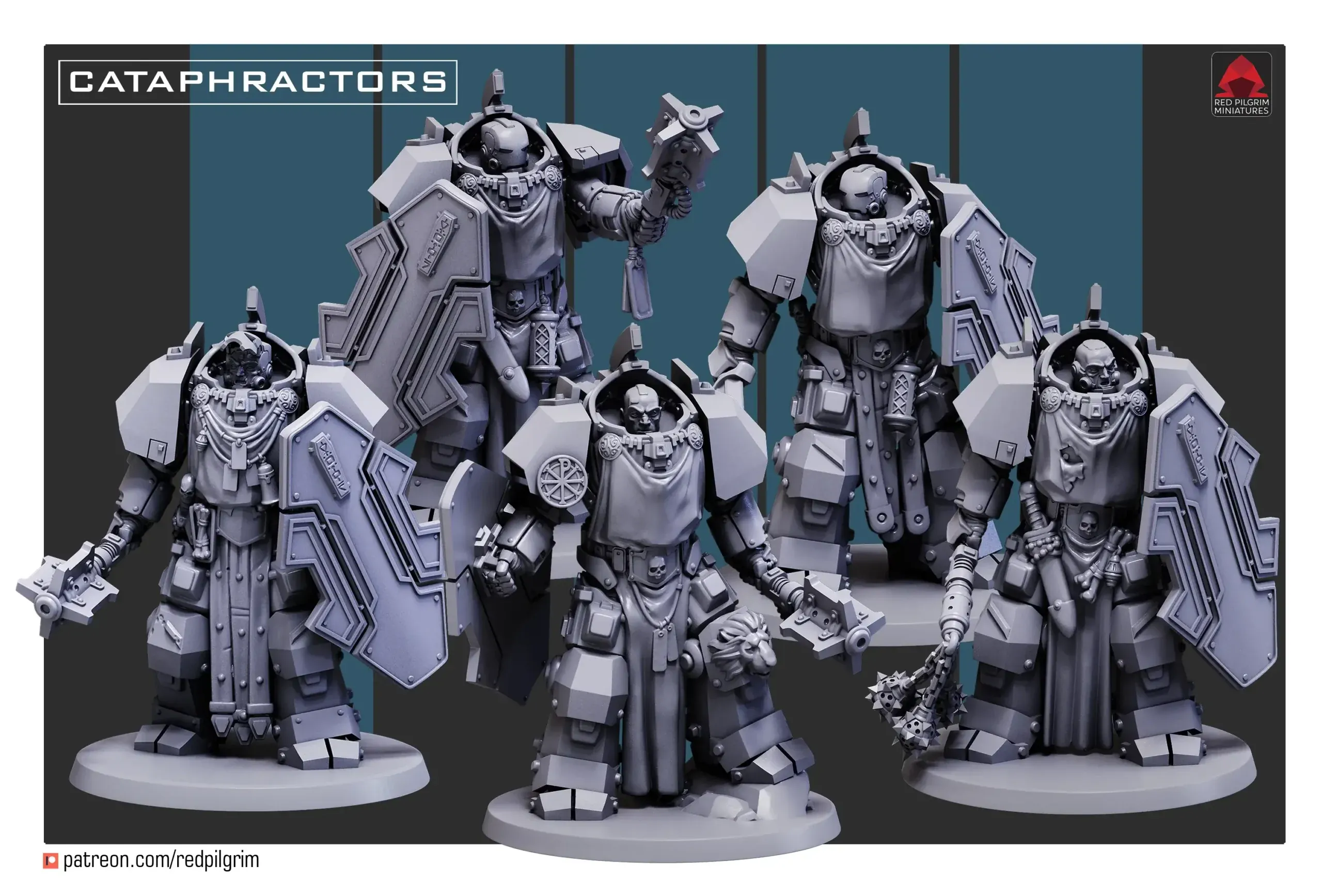 Front view of 3D printed Cataphractors team, a 32mm proxy miniature designed by Red Pilgrim