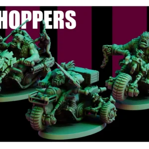 Front view of 3D printed Choppers team, a 32mm proxy miniature designed by Red Pilgrim