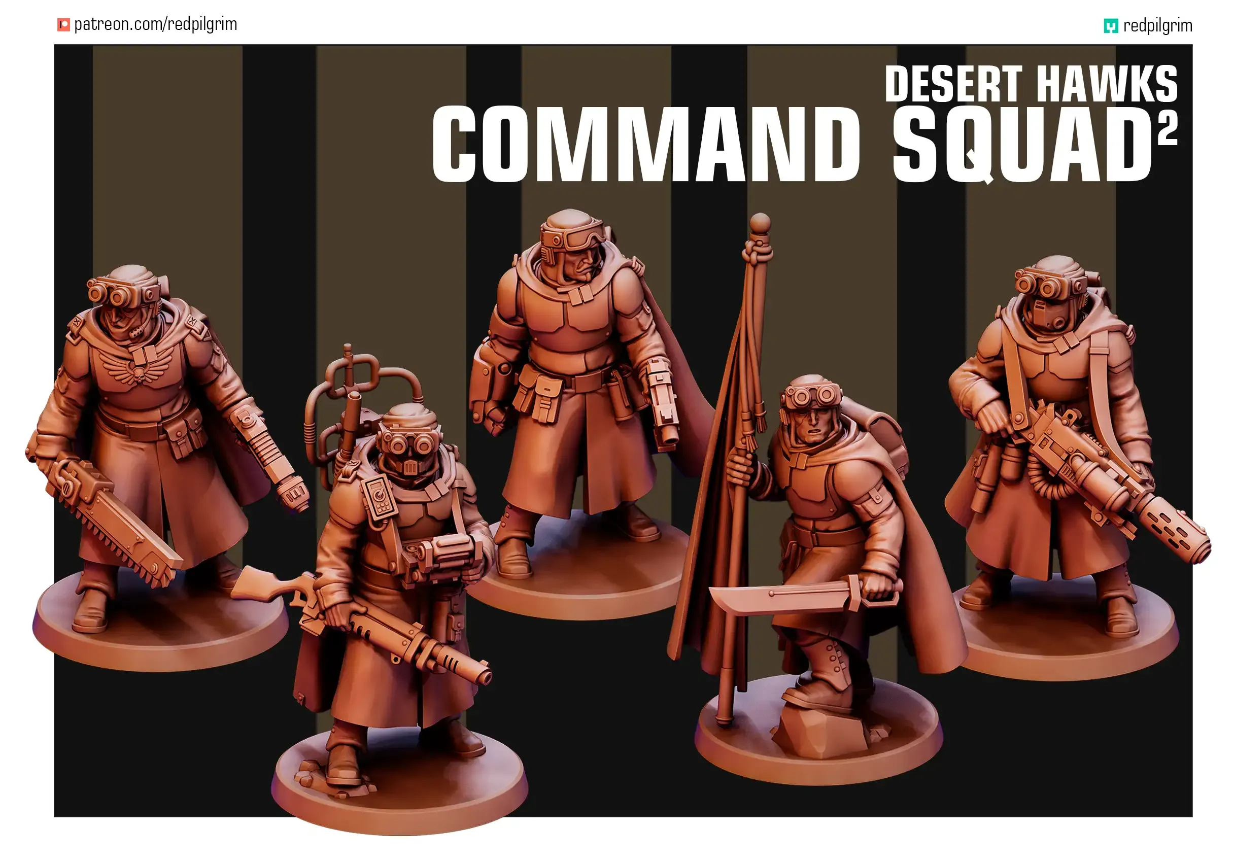 Front view of 3D printed Desert Hawks Command Squad 2, a 32mm proxy miniature designed by Red Pilgrim