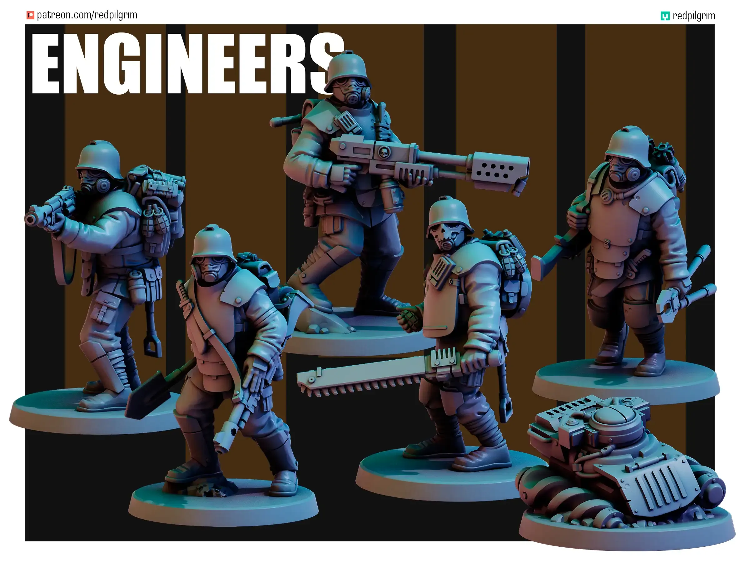 Front view of 3D printed Brutes team, a 32mm proxy miniature designed by Red Pilgrim