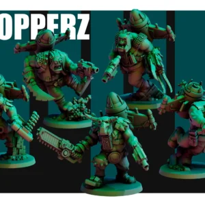 Front view of 3D printed Hopperz team, a 32mm proxy miniature designed by Red Pilgrim