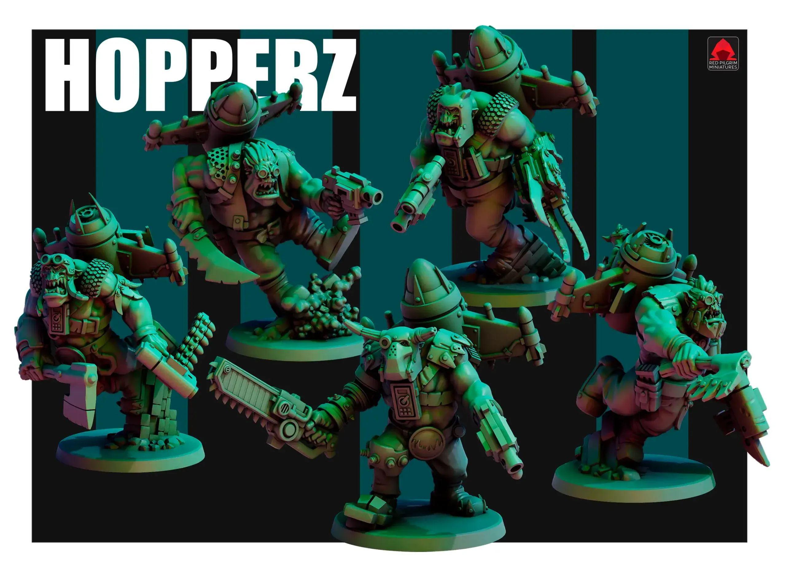 Front view of 3D printed Hopperz team, a 32mm proxy miniature designed by Red Pilgrim
