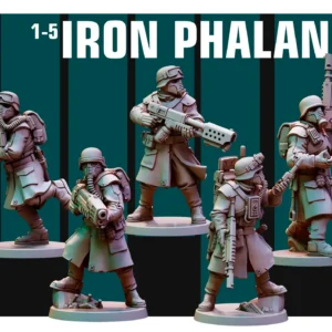 Front view of 3D printed Iron Phalanx team, a 32mm proxy miniature designed by Red Pilgrim