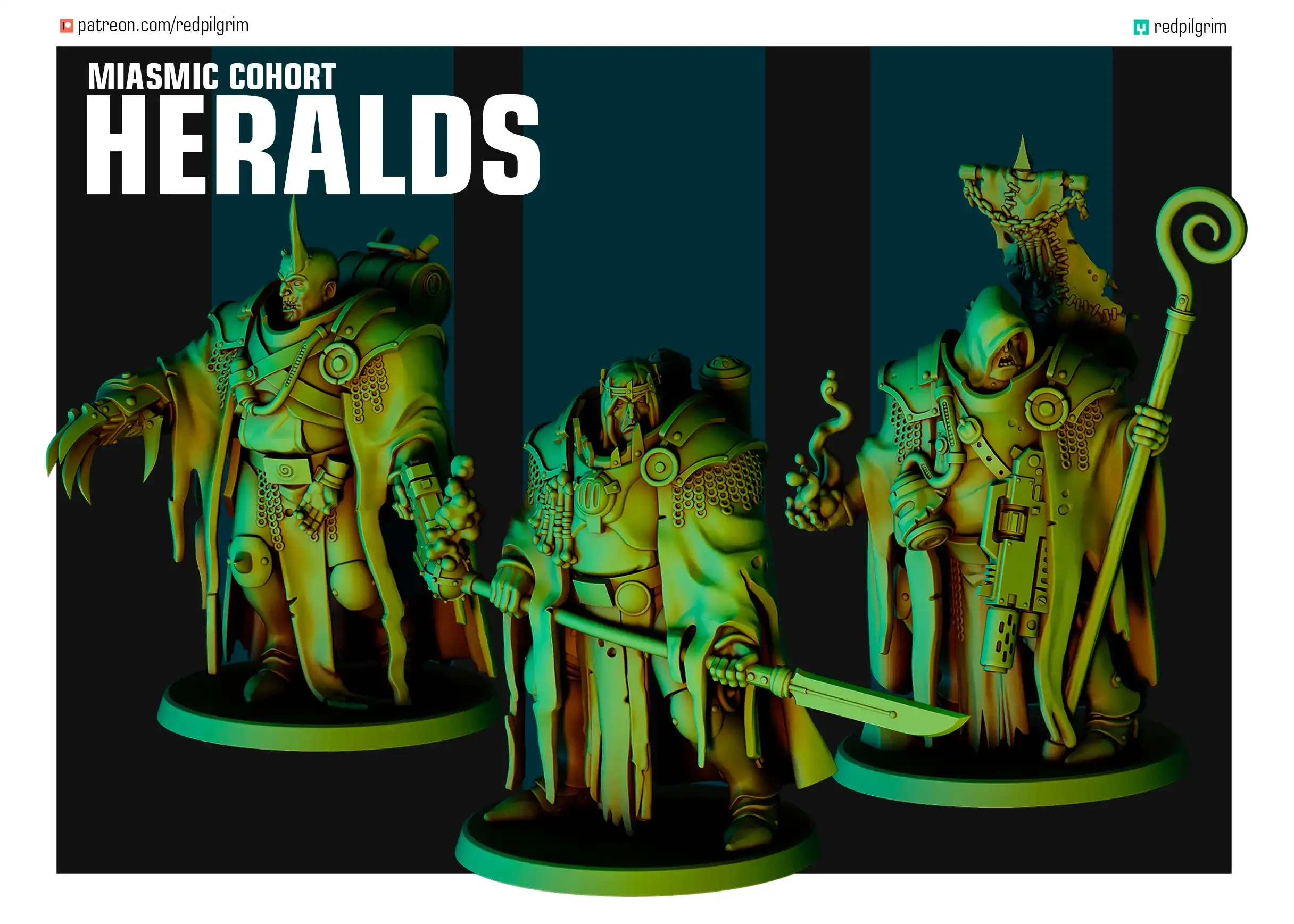 Front view of 3D printed Miasmic Cohort Heralds, a 32mm proxy miniature designed by Red Pilgrim