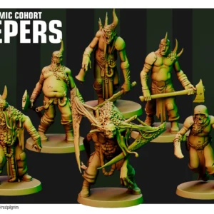 Front view of 3D printed Miasmic Cohort Lepers team, a 32mm proxy miniature designed by Red Pilgrim