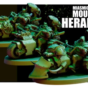 Front view of 3D printed Miasmic Cohort Mounted Heralds, a 32mm proxy miniature designed by Red Pilgrim
