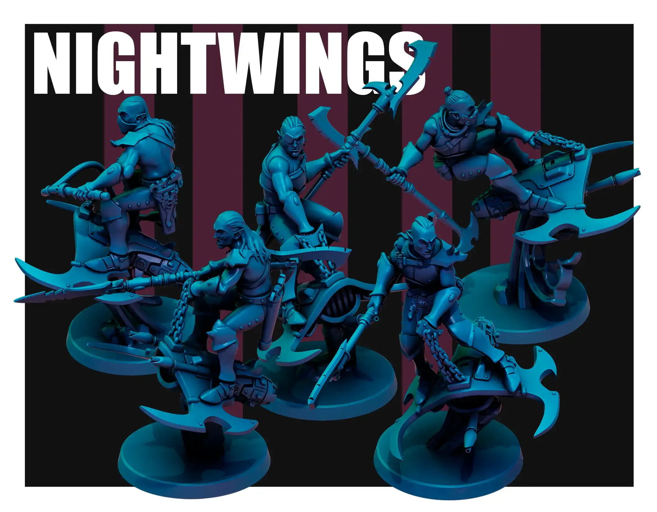 Front view of 3D printed Nightwings team, a 32mm proxy miniature designed by Red Pilgrim