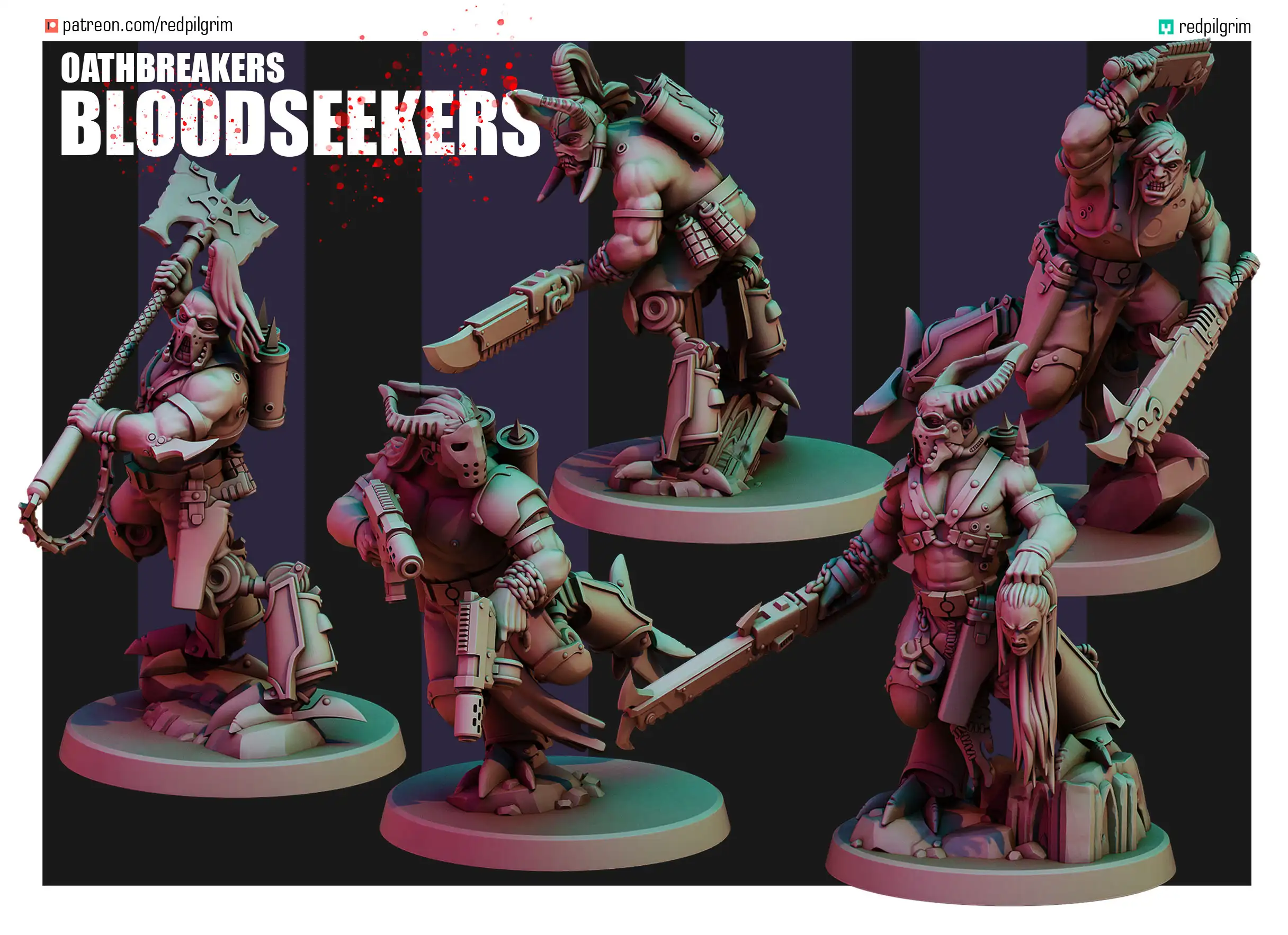 Front view of 3D printed Oathbreakers Bloodseekers team, a 32mm proxy miniature designed by Red Pilgrim