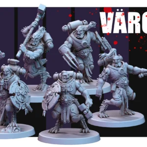 Front view of 3D printed Vargs team, a 32mm proxy miniature designed by Red Pilgrim