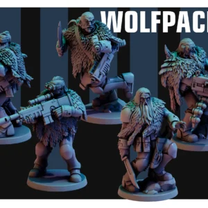 Front view of 3D printed Wolfpack 2 team, a 32mm proxy miniature designed by Red Pilgrim