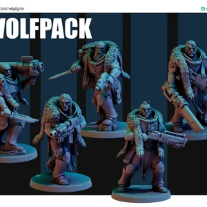 Front view of 3D printed Wolfpack team, a 32mm proxy miniature designed by Red Pilgrim