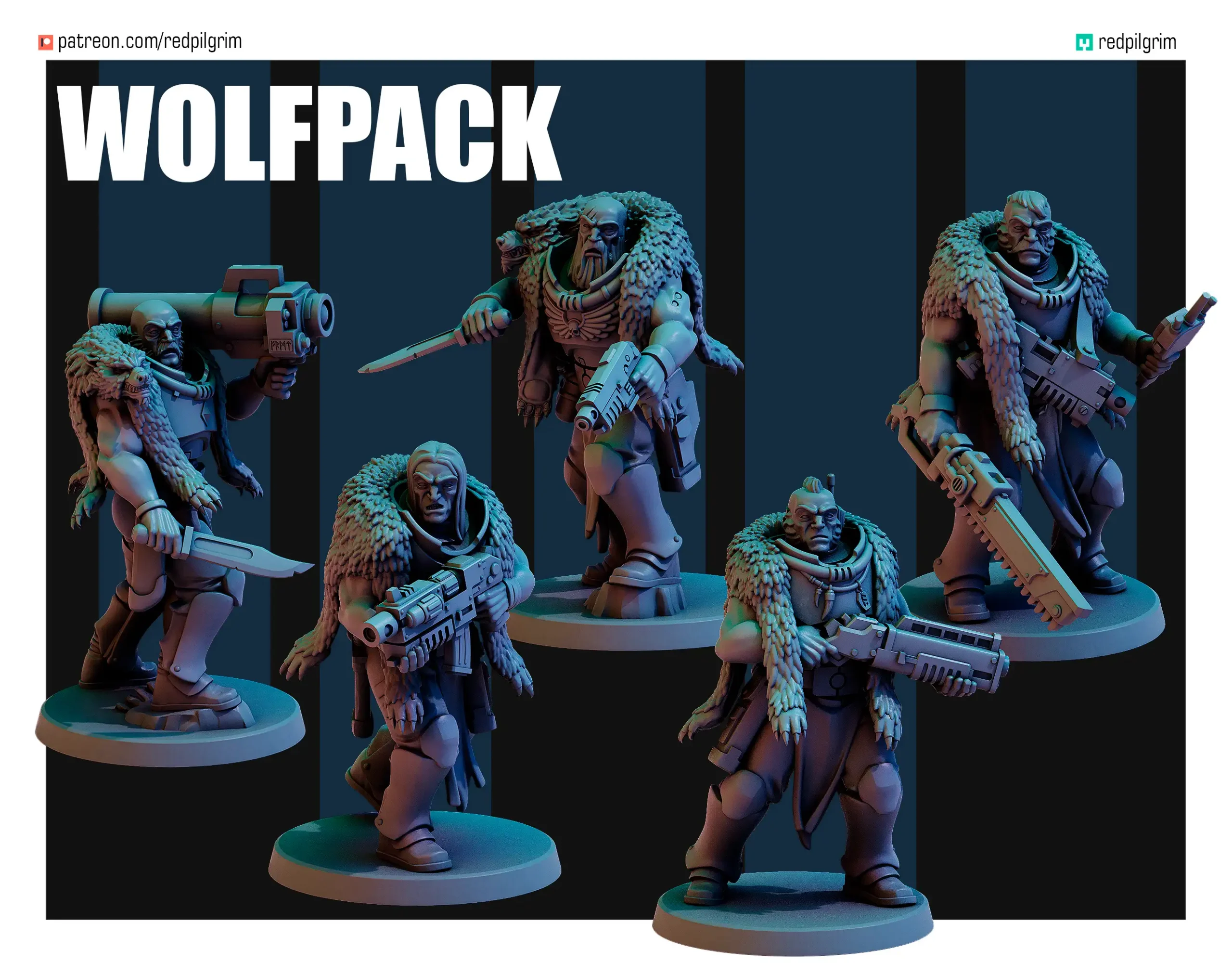 Front view of 3D printed Wolfpack team, a 32mm proxy miniature designed by Red Pilgrim