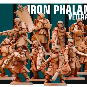 Front view of 3D printed Iron Phalanx Veterans team, a 32mm proxy miniature designed by Red Pilgrim