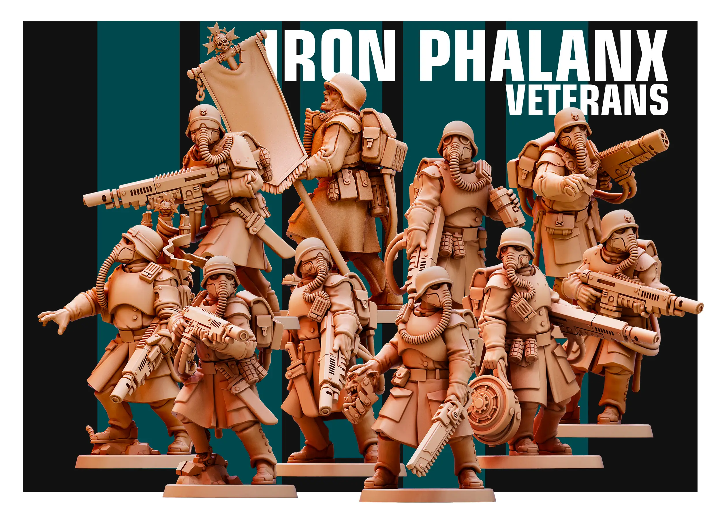 Front view of 3D printed Iron Phalanx Veterans team, a 32mm proxy miniature designed by Red Pilgrim