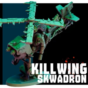 Front view of 3D printed Killwing Skwadron team, a 32mm proxy miniature designed by Red Pilgrim